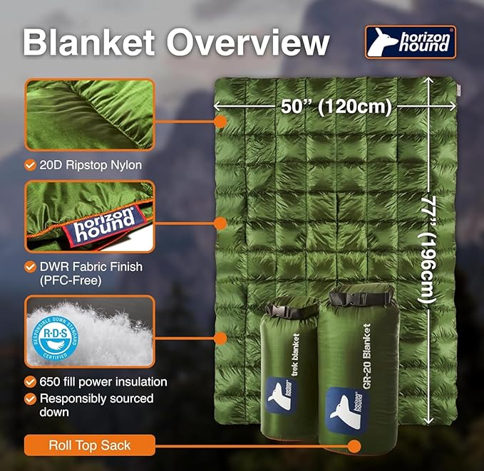 Horizon Hound Puffy Down Camping Blanket - Outdoor Travel Quilt | Sustainable Insulated Lightweight &amp Warm Gear for Sleep Camping Stadium Hiking &amp Festivals | Water Resistant Packable &a