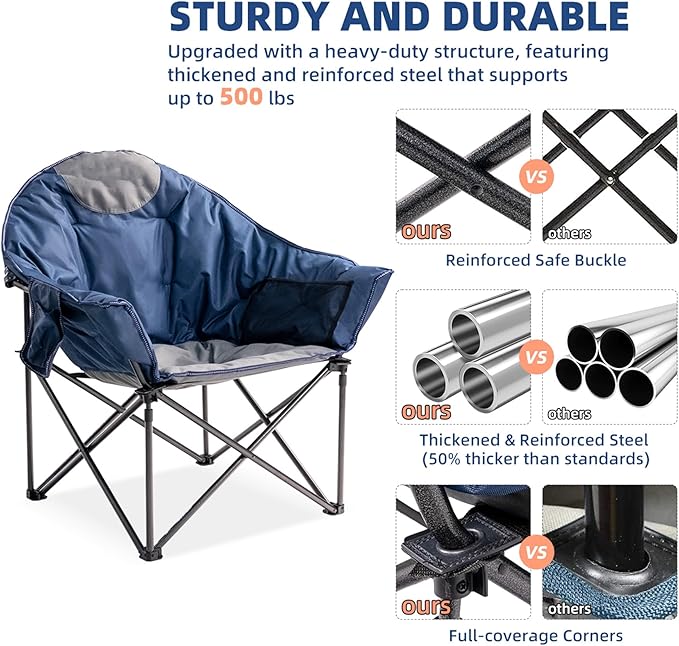 Oversized Camping Chair with Cup Holder &amp Carry Bag - 500lbs Heavy Duty Moon Saucer Chair for Outdoor Lawn Sports Patio - Padded Folding Sofa Chair Light Blue &amp Gray