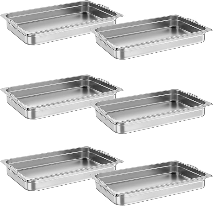 6 Pack Full Size Hotel Pans 2.5 Inch Deep with Hand 304 Stainless Steel Steam Table Anti-Jam Commercial Food Pans for Steam Tables Restaurants Catering &amp Industrial Use
