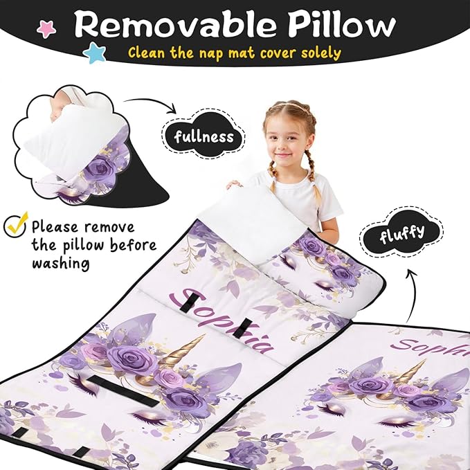 Personalized Toddler Nap Mat – Custom Name Sleeping Bag with Pillow &amp Blanket Roll-Up All-in-One Nap Mats