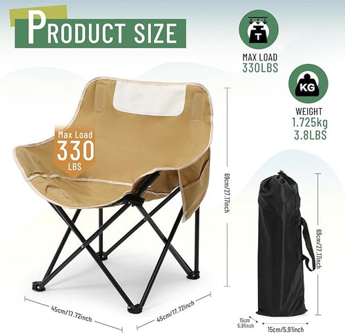 2 Pack Compact Camping Chairs Portable Folding for Outside with Carry Bag Lightweight Moon Chairs for Travel Picnic Hiking Beach Fishing 600D Oxford Supports 330lbs(Khaki Black)