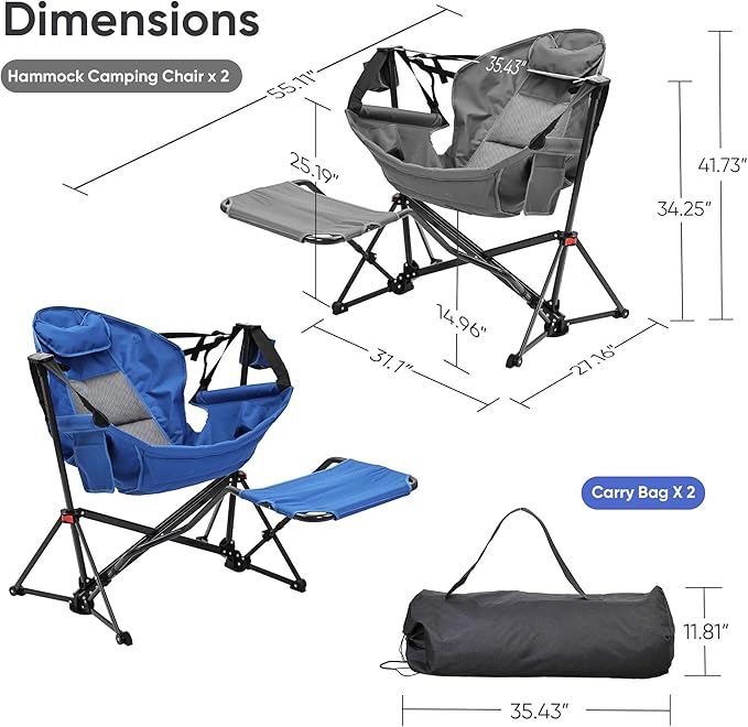Ainfox Hammock Camping Chair with Footrest Heavy Duty Foldable Portable Rocking Hammock Chairs Outside Swinging Camp with Cup Holder Pillow for Outdoor Patio Poolside Grey Blue