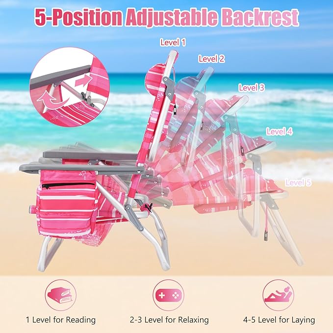 GYMAX Beach Chairs Backpack Camping Chair with Armrest Cooler Bag Cup Holder Towel Bar &amp Side Pockets Sunbath Sling Tanning Lounge Folding Layout Chair (Without Table Pink Stripe)