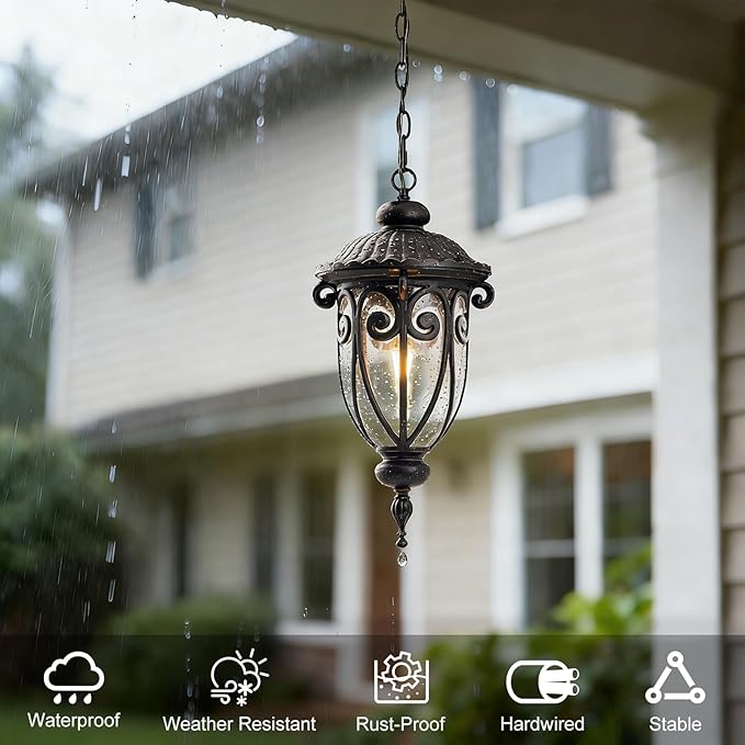 Vintage Bronze Outdoor Pendant Lights for Porch 20 1/2 High Exterior Hanging Light Fixture with Adjustable Chain Outside Ceiling Lantern with Seeded Glass for Patio Entryway