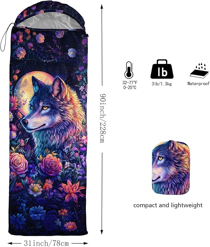AILONEN Floral Wolf Sleeping Bag for Girls WomenWarm and Cool WeatherLightweightWaterproof BackpackingColorful Flower Animal Print Sleeping Bag for Camping