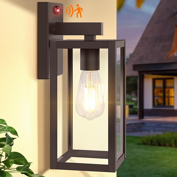Upgraded Motion Sensor Outdoor Wall Light 13” Dusk to Dawn Porch Light Outdoor Wall Sconce Lantern 3 Lighting Modes Exterior Lighting Fixture Wall Mount Outside Light for House Garage Patio Brown