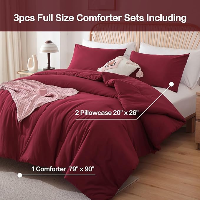 ROSGONIA Full Size Comforter Sets for Girls Boys Kids Dark Red 3pcs Comforter Full Size (1 Comforter &amp 2 Pillowcases) Lightweight Dorm Bedding Sets