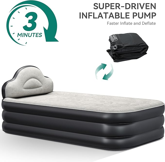 YITAHOME Twin XL Size Air Bed with Integrated Pump and Headboard 18-inch Blow-Up Mattress Including Extra Inflation Valve Carry Bag and Repair Kit Ideal for Travel Camping and Guest (Black)