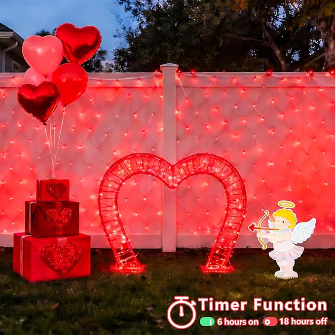 YEGUO Net Lights Outdoor Mesh Lights 12ft x 5ft 360 LED Red Valentine‘s Day Light Outdoor Waterproof 8 Modes Connectable Clear Wire Christmas Bush Light Plug in