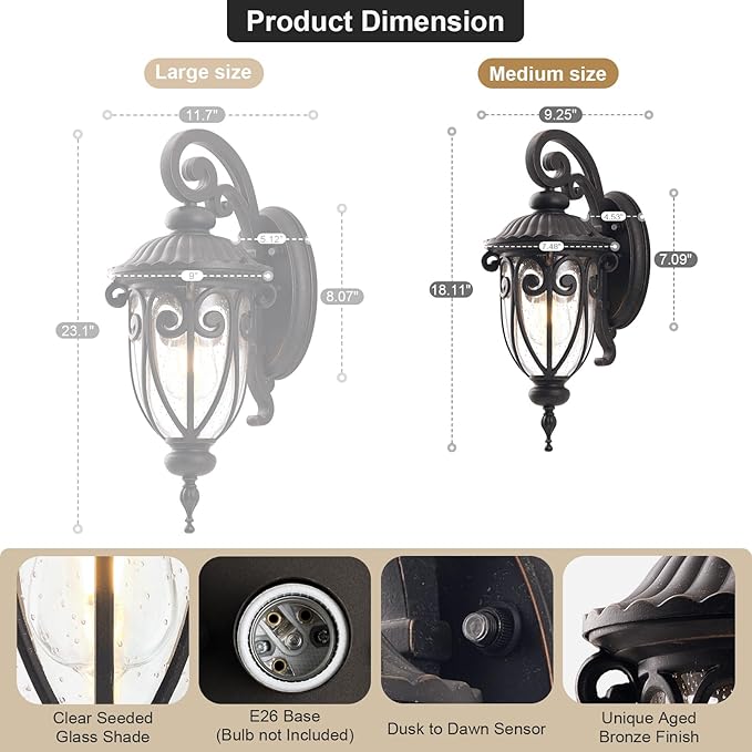 18in Dusk to Dawn Outdoor Wall Light for House Bronze Exterior Wall Lantern for Garage Aluminium Porch Door Lights Fixture with Clear Seeded Glass Shade for Entryway Front Door