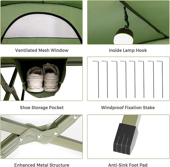 Tangkula 2-Person Tent Cot 4-in-1 Folding Tent with Waterproof Rainfly Self-Inflating Mattress &amp Roller Carrying Bag Portable Off Ground Elevated Tent with Shoe Storage Pocket &amp Lamp Hook