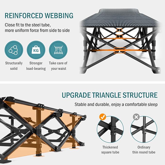 Camping Cot for Adults Folding Bed with Comfortable Cushion Tent Portable Sleeping Bed with Carry Bag for Camp Office Use Outdoor Traveling Supports 450 lbs