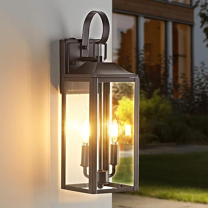 OKELI 17.6 2-Pack Dusk to Dawn Outdoor Lighting Large Exterior Porch Lighting 2-Light Farmhouse Outside Lantern Lights with Clear Glass Waterproof Wall Sconces Lamp for House Garage Brown
