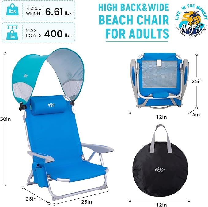 #WEJOY Beach Chair with Canopy Shade Reclining Adjustable 4 Position Lay Flat Lightweight Folding Portable Aluminum Chair with Backpack StrapsPadded headrest Heavy Duty 400lbs Lawn Chair for Beach