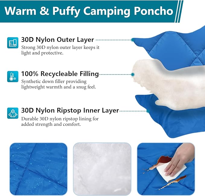 Camping Outdoor Blanket Ultralight Down Alternative Printed Travel Camp Blankets for Sleeping Packable Waterproof Puffy Quilt for Hammock Picnic Stadium Beach Cold Weather (Blue Blanket Poncho)