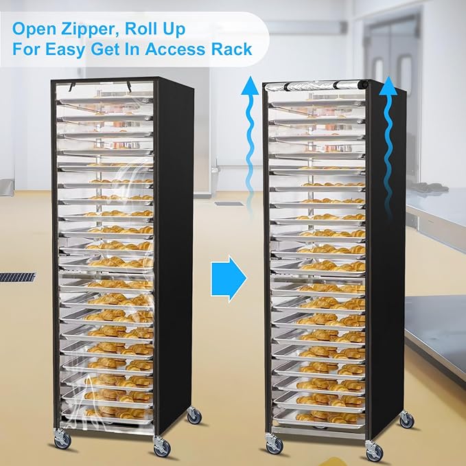 Sheet Bun Pan Rack Cover Speed Rack Cover with Zipper for 20 Tier/ 10 Tier Commercial Bakery Racks 23x28x61 Waterproof Bread Rack Cover with Clear Roll-Up Door &amp Breathable Mesh Vent(20 Tier)