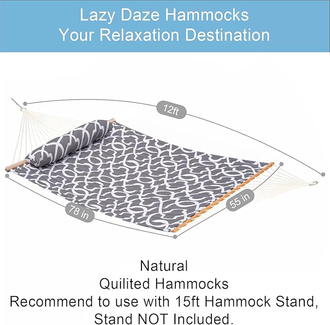 Lazy Daze Hammocks 12FT Quilted Fabric Hammock with Soft Pillow Double 2 Person Tree Hammock with Spreader Bar for Outdoor Outside Patio Garden Yard 450lbs Weight Capacity