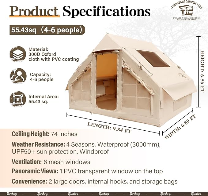 Inflatable Tent for Camping 4-6 Person Glamping Air Tents Easy Setup 4 Season Luxury Cabin Waterproof &amp Windproof Inflatable House Tent with Panoramic View Windows