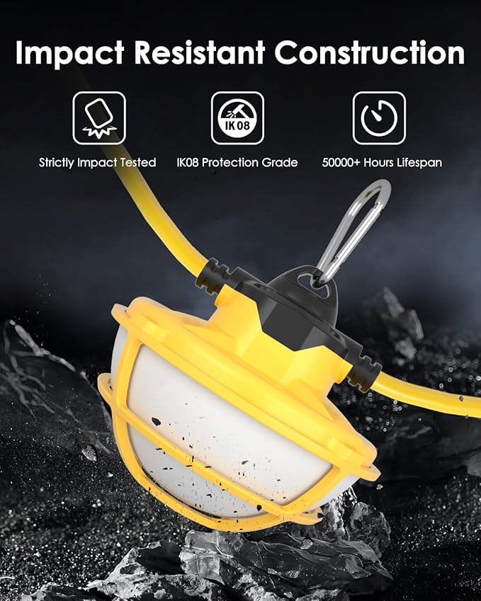 100FT LED Construction String Lights - 3 Prong 130W 16000LM Plug in Linkable String Work Lights 5000K Weatherproof Temporary Lighting for Construction Sites Jobsites Indoor &amp Outdoor UL Liste