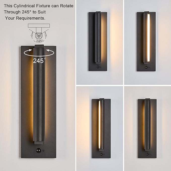 Modern PIR Motion Sensor Outdoor LED Wall Light with a Rotatable Beam and 245° Adjustment 3 Lighting Sensor Modes IP65 Waterproof Suitable for Porches Balconies Gardens Garages.