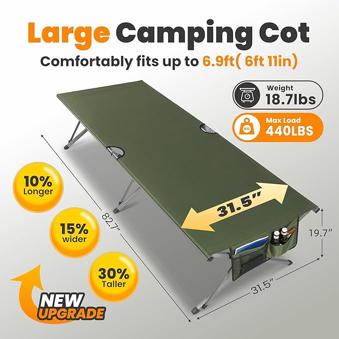 Oversized Camping Cot for Adults - Non-Assemble Folding Camping Bed Extra Wide for Outdoor Support up to 6.9ft or 450lbs with Storager Bag 82” L x 32” W(Green)
