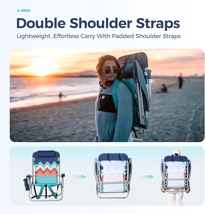 LET'S CAMP Backpack Beach Chair Set of 2 4-Position Classic Lay Flat Pillow and Padded Shoulder Straps Storage Pouch and Towel Bar Support 250LBS Wave