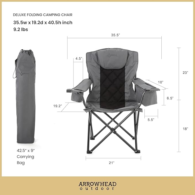 ARROWHEAD OUTDOOR 2-Pack Portable Deluxe Folding Camp Quad Chair w/Headrest Glass &amp Cup Holders Armest 6-can Cooler Heavy Duty Carry Bag 550 lbs Weight Capacity