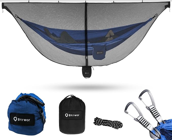 Hammock Anti-Mosquito System - Includes Double Hammock and Bug Net - Set of Essentials for Camping Hiking (Blue Hammock + Bug net)