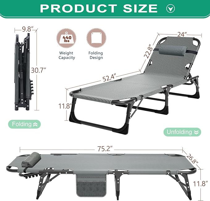 NAIZEA Folding Camping CotsAdjustable 4-Gear Sleeping Cots for AdultsFoldable Cot Bed Folding Chaise Lounge ChairPortable Reclining Chair for Beach Lawn Camping PoolSunbathing Chairs