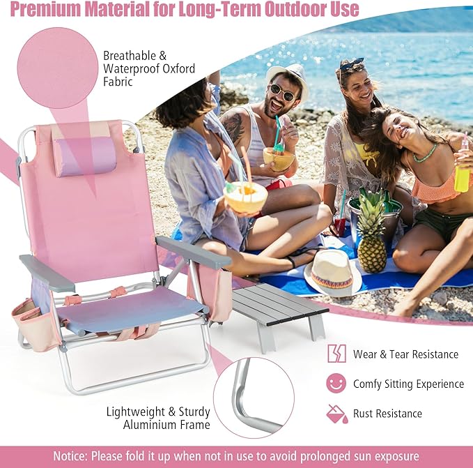 Tangkula Backpack Beach Chair with Table 5-Position Lay Flat Chairs with Cooler Bag 2 Cup Holders Towel Bar Lightweight Low Folding Chair with Backpack Straps Pink