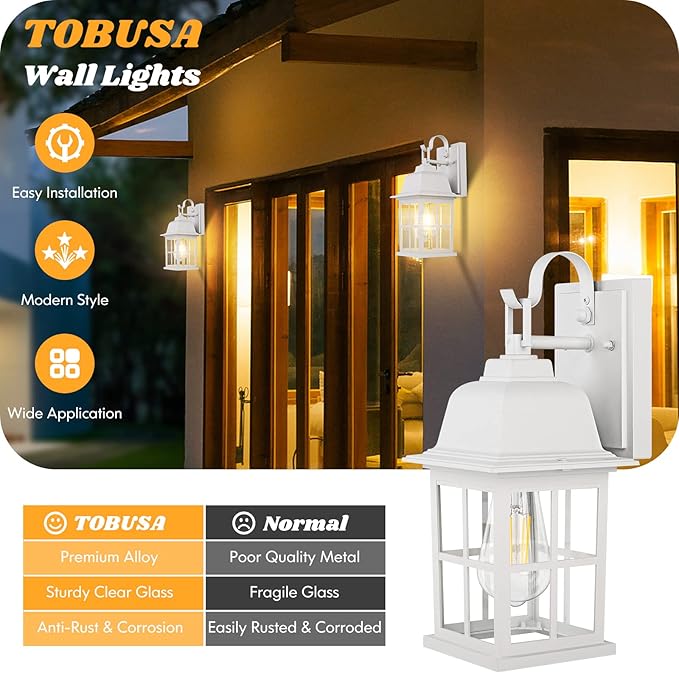 TOBUSA 2-Pack Outdoor Wall Lanterns 100% Aluminium White Outside Light Fixtures Waterproof &ampAnti-Rust Exterior Wall Lanterns Front Porch Lights for House Garage Doorway Bulbs Not Included