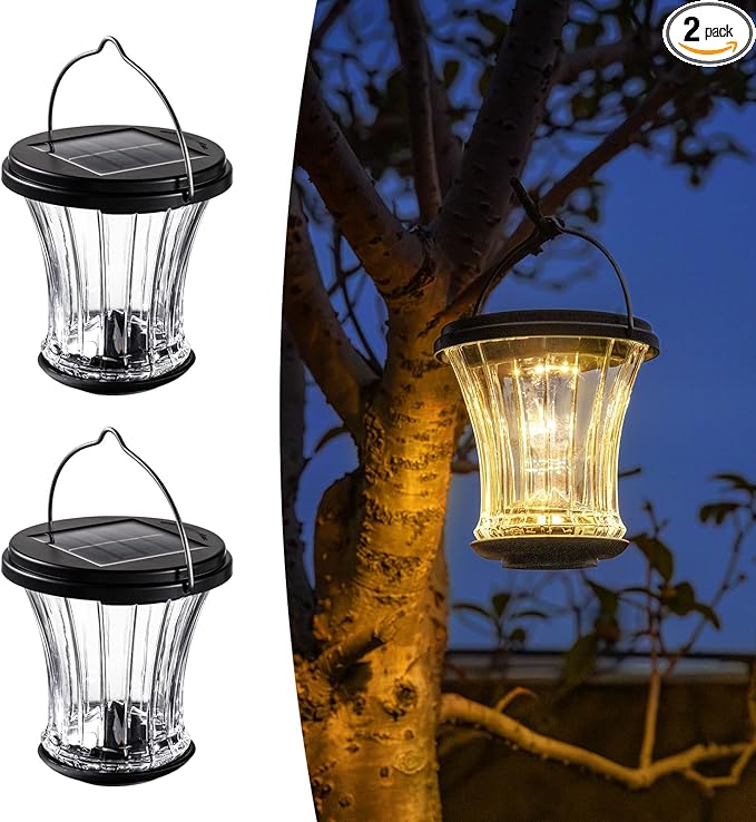 Glass Solar Lantern Outdoor Waterproof Hanging Solar Lights for Outside with Modular Design 3000K LED Auto On/Off Table Lamp for Garden Patio Yard Fence Wall Decorative Warm White(2 Pack)