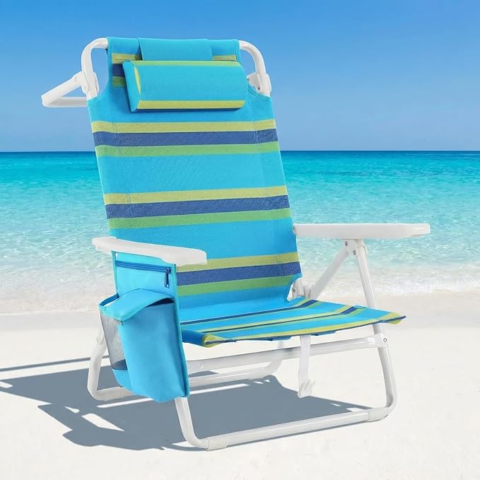 TLSUNNY 25 W Low Beach Chair for Adults W/5-Position Lay Flat &amp Cooler Pouch Folding Backpack Beach Chair W/Headrest Storage Bag Towel Bar Foot Mat for Camping350LBS(1 Blue/Green 8.9″)