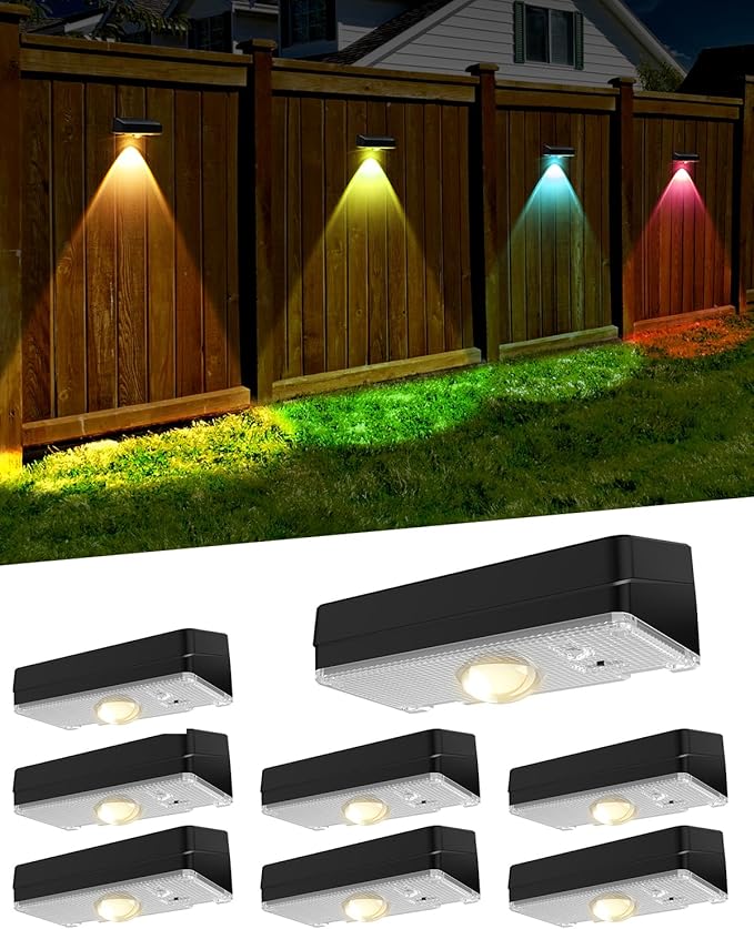 2025 Upgraded Solar Fence Lights Outdoor 8 Pack 3000K-6000K Solar Deck Lights 30H Runtime 12 RGB Modes Solar Powered Wall Lights IP65 Waterproof Auto On/Off for Backyard Patio Step Gutter 1 Lens