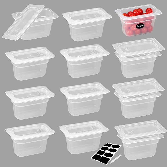 12 Pack 1/9 Size 4'' Deep Plastic Food Pans with Lids Translucent Commercial BPA-free Stackable Storage for Restaurants Buffets