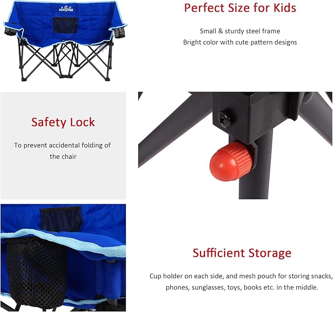 SUNNYFEEL Kids Folding Double Camping Chair Portable Kids Camping Chairs 2 Seat Chair Blue Padded Foldable Lawn Chairs with Cup Holder for Beach/Outdoor/Travel/Picnic Foldable Camp Chairs 2 Person