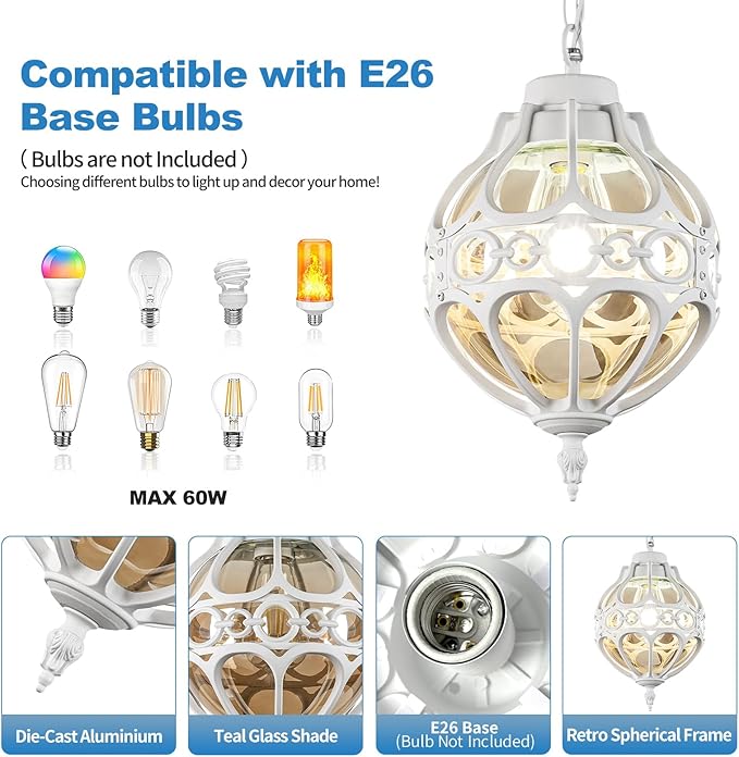 Globe Outdoor Pendant Lights White Aluminum Waterproof Hanging Light Fixture for Porch Entryway Hallway Vintage Round Exterior Chandelier Outside Pendant Lamp with Amber Glass 2 Pack