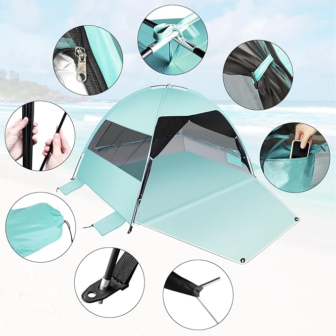 Large Easy Setup Beach TentAnti-UV Beach Shade Beach Canopy Tent Sun Shade with Extended Floor &amp 3 Mesh Roll Up Windows Fits 3-4 PersonPortable Shade Tent for Outdoor Camping Fishing (Mint Green