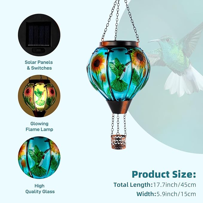 Hummingbird and Sunflower Solar Hot Air Balloon Lantern with Flame Glass Hot Air Balloon Solar Lantern Outdoor Waterproof Hanging Solar Lantern for Outside Garden Patio Tree Porch Yard