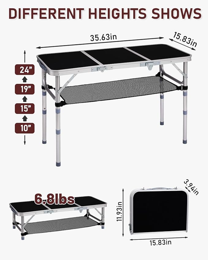 Outvita Folding Table 3FT Aluminum Camping Table with Storage Adjustable Height Picnic Table Lightweight for Carring Outdoor Party Events Beach