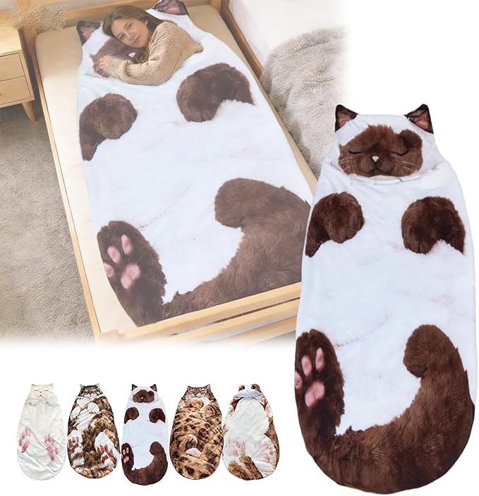 Cat Shaped Plush Sleeping Bag for Adults 69 Foldable Cat Envelope Style Lounge Blanket Soft and Washable Easy in and Out for Camping Travel or Relaxing at Home