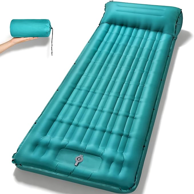 Camping Sleeping Pad 4.7 Inch Thick Inflatable Sleeping Mat with 8 Inch Pillow Built-in Foot Pump Ultralight Compact Self Inflating Sleeping Pad for Backpacking Hiking Travel Tent