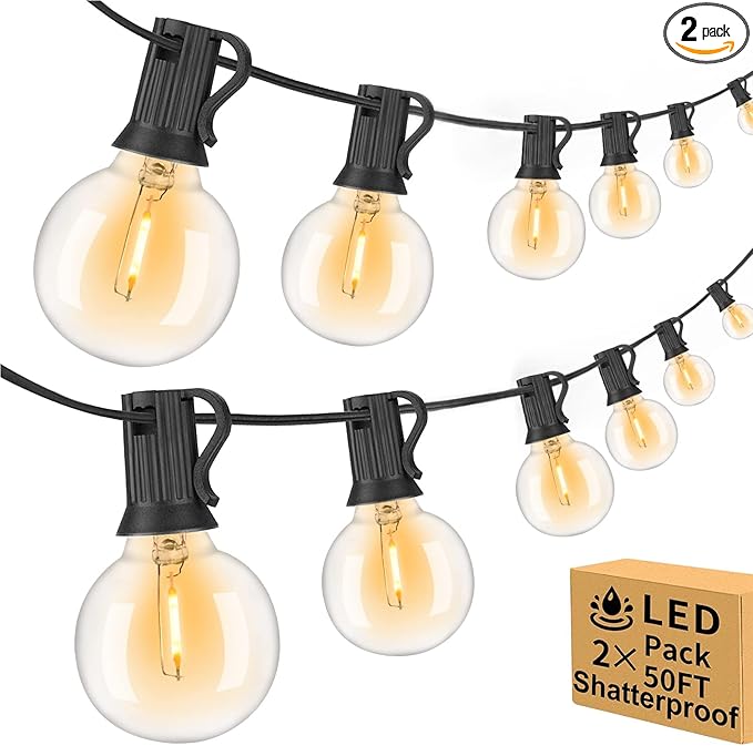 100ft Outdoor String Lights Waterproof/Connectable/Dimmable with 52 LED Shatterproof Bulbs2-Pack 50ft UL Listed Globe G40 String Lights Outside Lighting for Patio Backyard Cafe Party Wedding Garden