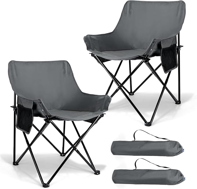 Leonyo Beach Camping Chair 2 Pack Outdoor Folding Chair for Adults Heavy Duty Portable Chair for Outside Fishing Lawn Sport Patio Armrest Cup Holder &amp Storage Pocket Carry Bag Grey