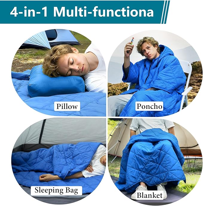 Camping Outdoor Blanket Ultralight Down Alternative Printed Travel Camp Blankets for Sleeping Packable Waterproof Puffy Quilt for Hammock Picnic Stadium Beach Cold Weather (Blue Blanket Poncho)