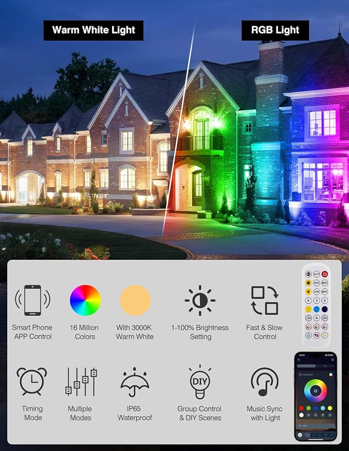 Spot Lights Outdoor Smart RGBW LED Color Changing Landscape Lights with APP and Remote Control Music Mode DIY Scenes Timing IP65 Waterproof Spotlights Plug in for Yard Garden 2 Pack