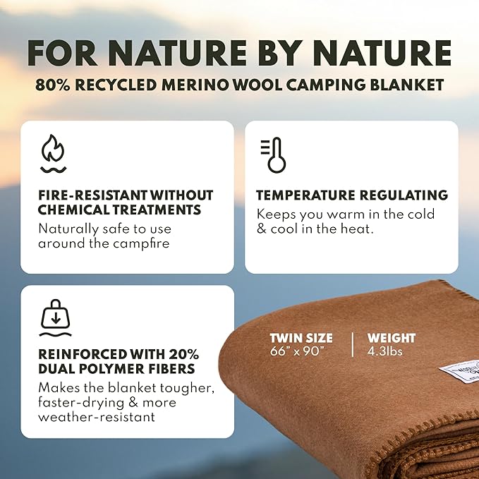 Woolly Mammoth Woolen Company Merino Wool Blanket - 80% Merino Wool - Camping Blankets for Cold Weather - Mositure-Wicking for Overlanding Hunting Emergency Kits Bushcraft (66 x 90 Sandstone)