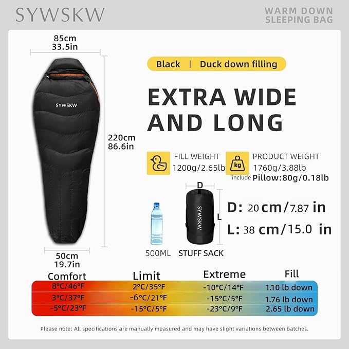Down Sleeping Bag with Pillow for Backpacking15℉ 5℉ 0℉ Wide Down Sleeping Bag (86.6 in x 33.5 in) for AdultsYouth Camping and Hiking Outdoor with 680FP Duck Down