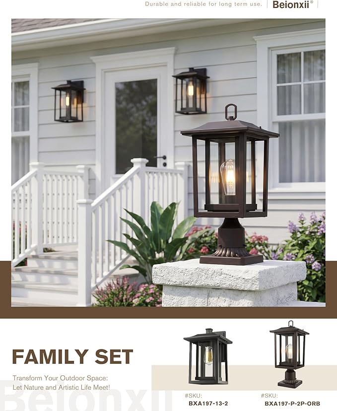 Beionxii Oil Rubbed Bronze Outdoor Post Lights 2 Pack 19In Lamp Post Light Fixture for Outside with Pier Mount Base Waterproof Aluminum HousingORB Column Mount Light(Hardwired 120V)BXA197-P-2P-ORB