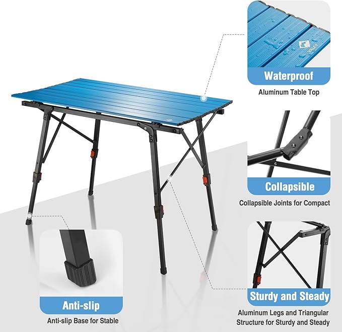 VILLEY Portable Camping Table with Adjustable Legs Lightweight Aluminum Folding Beach Table with Carrying Bag for Outdoor Cooking Picnic Beach Backyards BBQ and Party